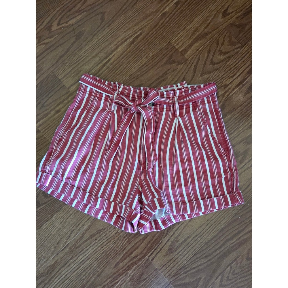 American Eagle Red White Striped Linen Blend Tie Waist Shorts Womens 6 High Rise
